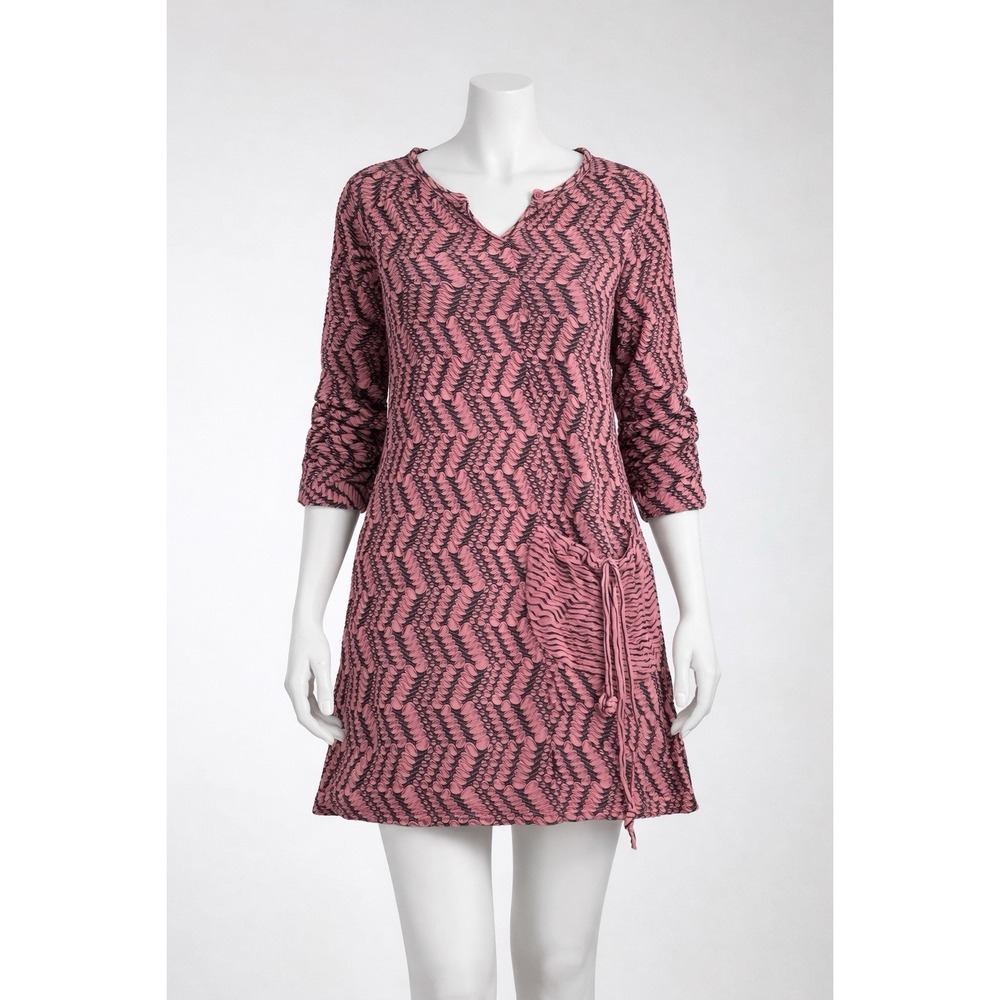 Ali Miles Sz Large Tunic Dress‎ Pink Black Ruched Sleeve Zig Zag Geometric Print